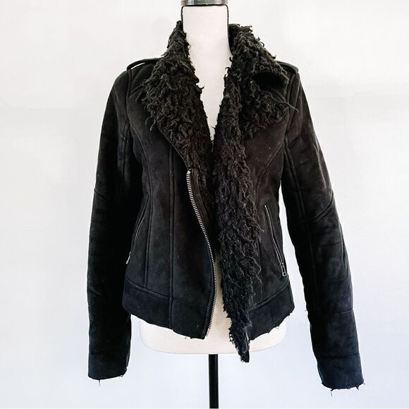 Moussy Leather Suede Faux Shearling Zip Black Biker Moto Jacket Sz M - Picture 2 of 6